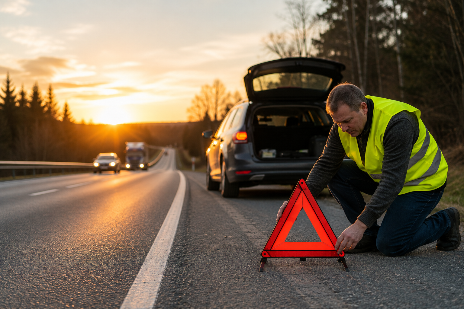 Helfer mit Warnweste stellt ein Warndreieck hinter einem liegengebliebenen Fahrzeug auf